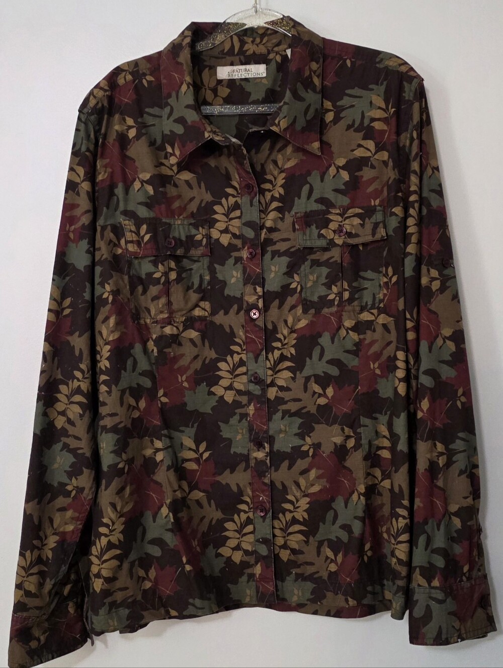 Natural Reflections Button Up Cotton Top Autumn Leaves Earthy Granola Girl XL